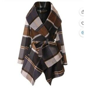 CHICWISH Women's Shawl Collar Neutral Check Wool Blend Coat-No Belt XS